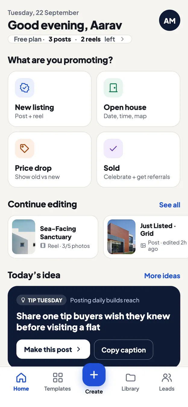 The PropVid app home screen: post ideas for a new listing, open house, price drop and sold