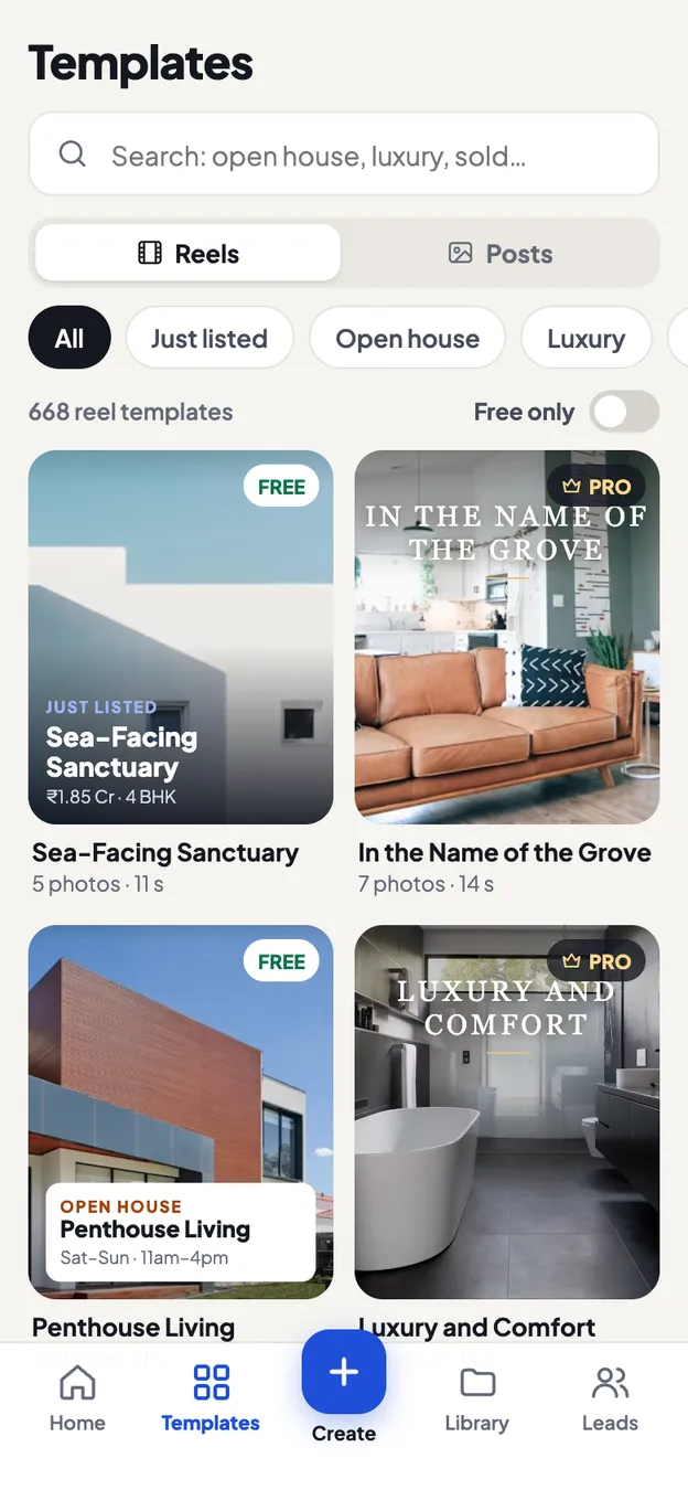 The PropVid templates screen, filtered to reel templates
